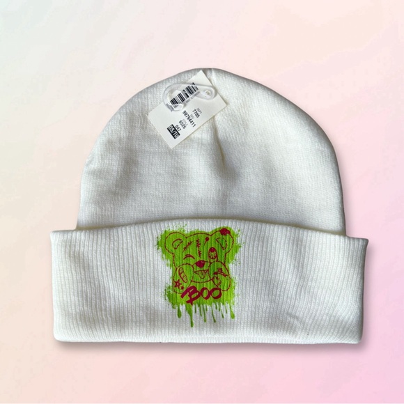 Upcycled, Neon Boo Bear, Knitted Ivory Beanie, Unisex - Picture 10 of 10